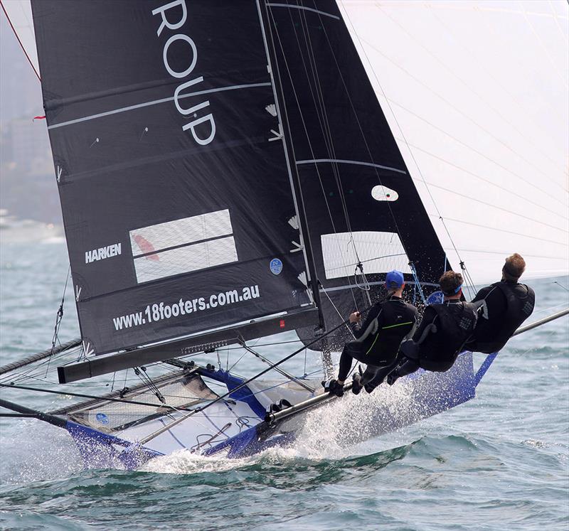 Smooth crew work by the Winning Group team on the spinnaker run down the centre of the course - NSW Championship 2019 photo copyright Frank Quealey taken at Australian 18 Footers League and featuring the 18ft Skiff class