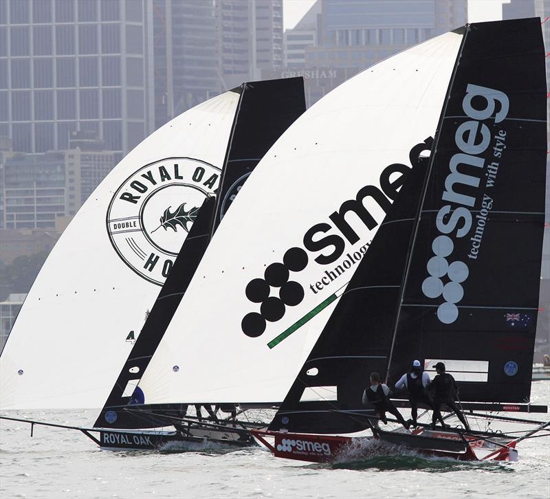 The Oak Double Bay-4 Pines and Smeg, two of the major challengers for the NSW Championship title photo copyright Frank Quealey taken at Australian 18 Footers League and featuring the 18ft Skiff class