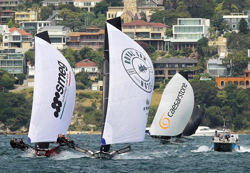 The charge of the leading group down the first spinnaker run between Shark Island and Clark Island - 18ft Skiff NSW Championship 2019 photo copyright Frank Quealey taken at Australian 18 Footers League and featuring the 18ft Skiff class