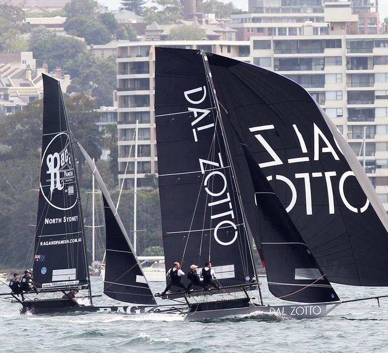 Dal Zotto and Rag and Famish Hotel battle the ENE breeze - 18ft Skiff NSW Championship 2019 photo copyright Frank Quealey taken at Australian 18 Footers League and featuring the 18ft Skiff class