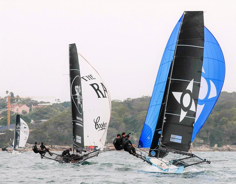 Noakes Blue chases Rag and Famish Hotel and The Oak Double Bay on spinnaker run to the bottom mark off Clark - 18ft Skiff NSW Championship photo copyright Michael Chittenden taken at Australian 18 Footers League and featuring the 18ft Skiff class