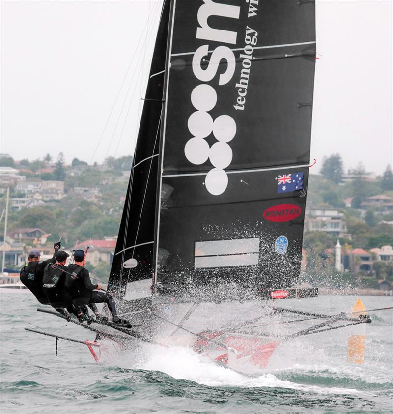 Smeg leads the fleet around the Beashel Buoy on her way to victory in Race 4 of the 18ft Skiff NSW Championship photo copyright Michael Chittenden taken at Australian 18 Footers League and featuring the 18ft Skiff class