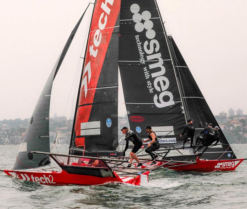 Smeg rounds the bottom mark just 3s ahead of Tech2 on lap one of Race 4 of the 18ft Skiff NSW Championship - photo © Michael Chittenden