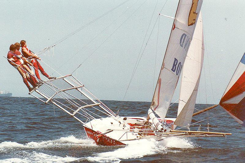 Australian 18ft skiffs grow ever faster - Chesty Bond's crew flying high on the wings - The Ocean Challenge photo copyright Frank Quealey taken at Australian 18 Footers League and featuring the 18ft Skiff class