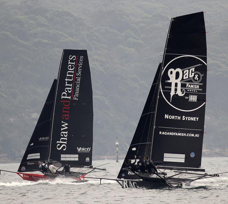 Shaw and Partners Financial Services leads Rag and Famish Hotel on the two-sail reach across the harbour from Rose Bay to Athol Bay - NSW Championship photo copyright Frank Quealey taken at Australian 18 Footers League and featuring the 18ft Skiff class