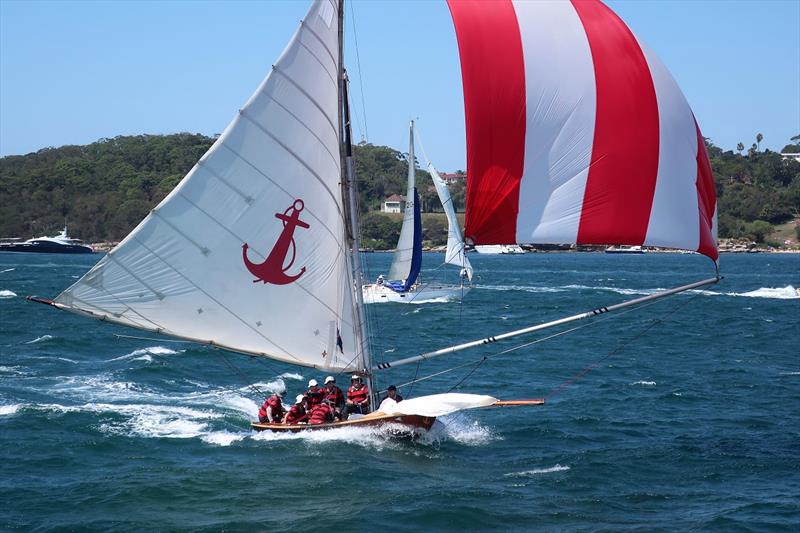 Yendys approach to the wing mark. Great action for those on the spectator ferry, nerve wracking encounter for the crew of Yendys as they negotiate the ferry wash in preparation to gybe at wing mark. Note jib has been lowered in order to swing pole across. - photo © Adrienne Jackson