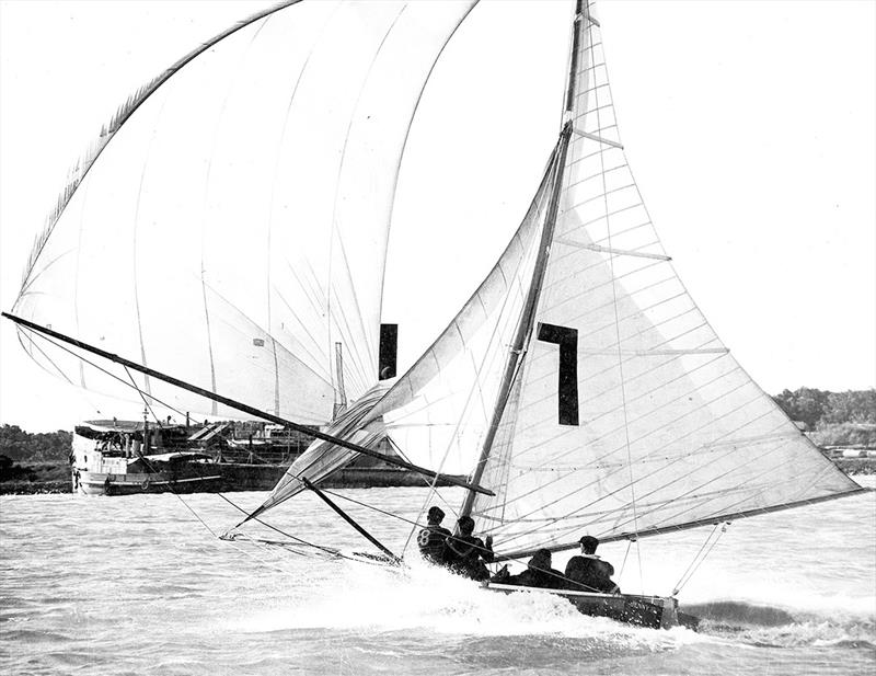 Jenny under spinnaker on the Brisbane River in the 1950s - JJ Giltinan Championship  photo copyright Frank Quealey taken at Australian 18 Footers League and featuring the 18ft Skiff class