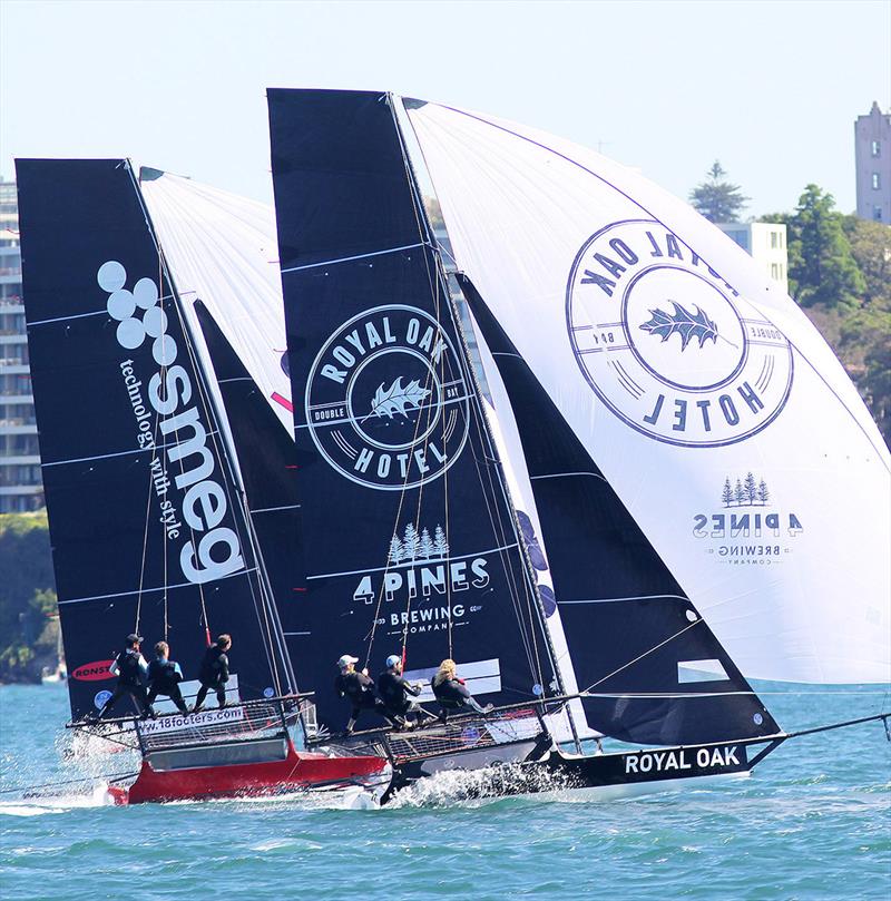 The Oak Double Bay-4 Pines and Smeg on a tight spinnaker run earlier this season photo copyright Frank Quealey taken at Australian 18 Footers League and featuring the 18ft Skiff class