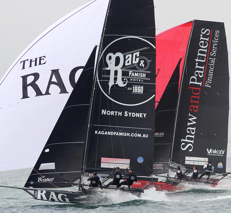 Rag and Famish Hotel and Shaw and Partners on a downwind leg - 18ft Skiffs Club Championship photo copyright Frank Quealey taken at Australian 18 Footers League and featuring the 18ft Skiff class