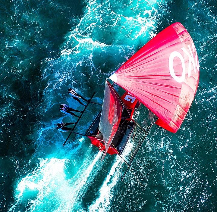 The drone's image of Asko Appliances during the 2018-2019 Season photo copyright Frank Quealey taken at Australian 18 Footers League and featuring the 18ft Skiff class