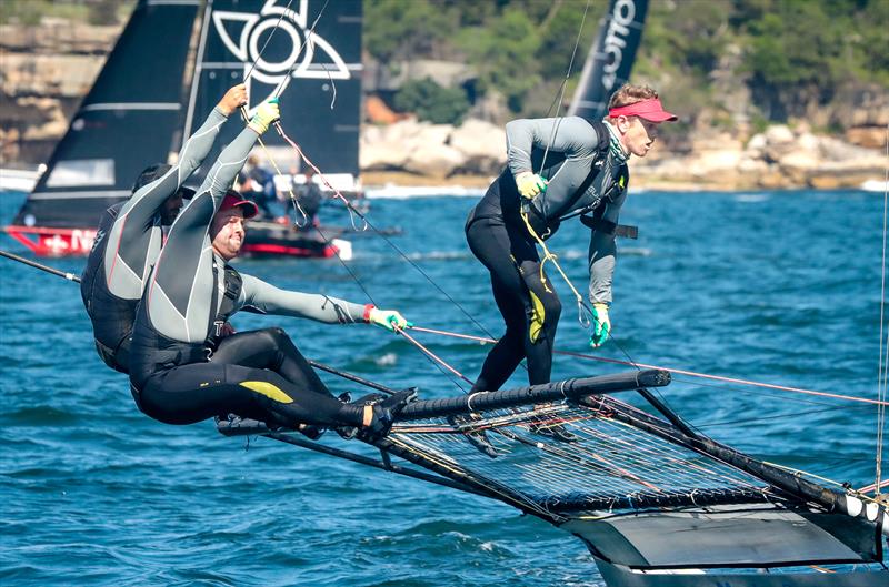 Dave McDiarmid, Matt Steven and Brad Collins - Honda Marine - JJ Giltinan 18ft Championships - March 2020 - Sydney Harbour photo copyright Michael Chittenden taken at Australian 18 Footers League and featuring the 18ft Skiff class