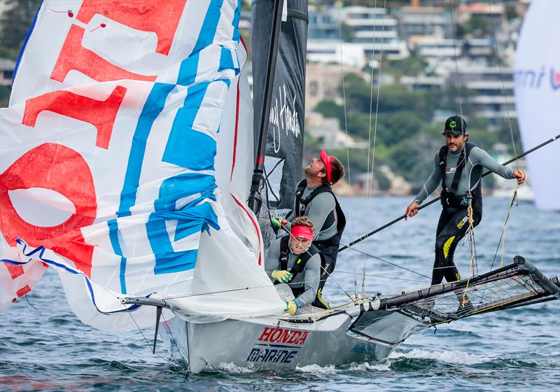 Dave McDiarmid, Matt Steven and Brad Collins - Honda Marine - JJ Giltinan 18ft Championships - March 2020 - Sydney Harbour photo copyright Michael Chittenden taken at Australian 18 Footers League and featuring the 18ft Skiff class