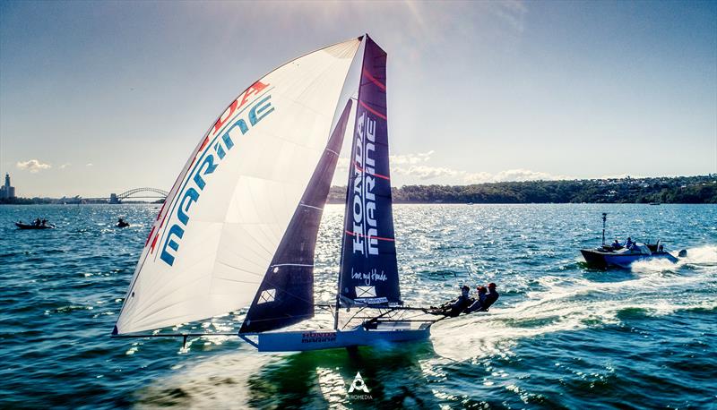 Dave McDiarmid, Matt Steven and Brad Collins - Honda Marine - JJ Giltinan 18ft Championships - March 2020 - Sydney Harbour photo copyright Michael Chittenden taken at Australian 18 Footers League and featuring the 18ft Skiff class
