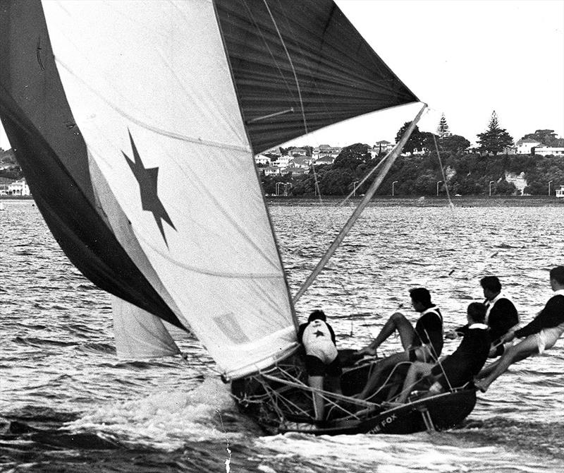 19-year-old Hugh Treharne at the helm of The Fox in the 1963 Giltinan world Championship photo copyright Frank Quealey taken at Australian 18 Footers League and featuring the 18ft Skiff class