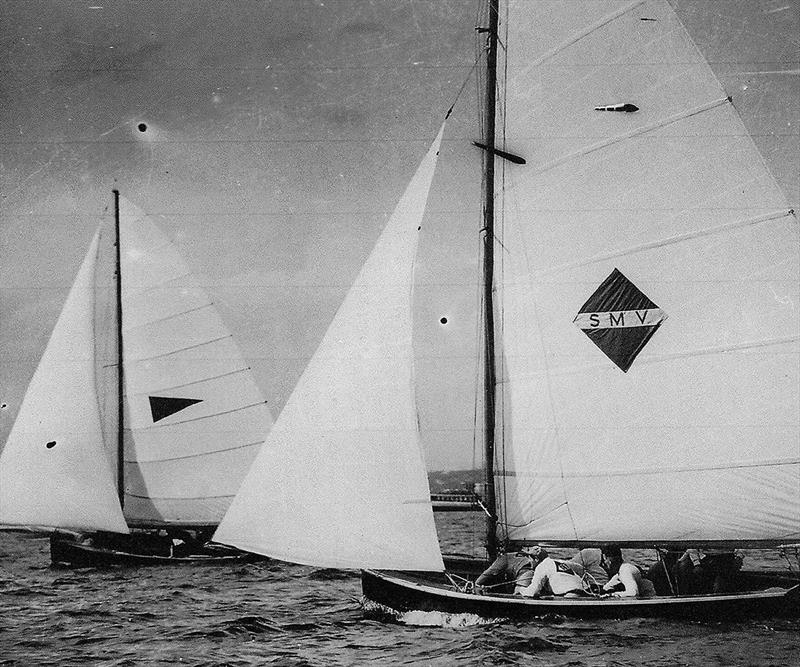 New Zealand's Mah Jong (Laurie Davidson) and SMV (Bill Barnett) at the 1958 Giltinan Championship photo copyright Frank Quealey taken at Australian 18 Footers League and featuring the 18ft Skiff class