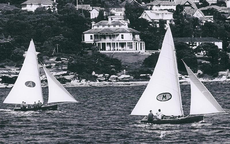 Myra Too (Bill Barnett) and Ajax (Don Barnett) work into Rose Bay photo copyright Frank Quealey taken at Australian 18 Footers League and featuring the 18ft Skiff class