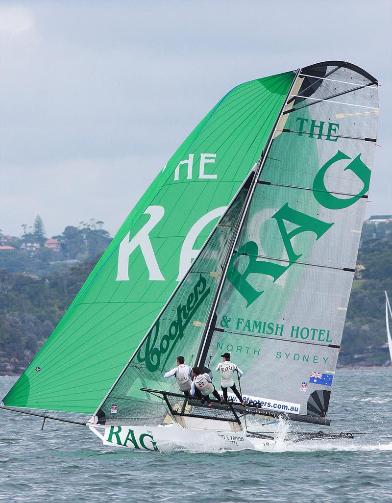 Rag and Famish Hotel with an unusual mainsail plan photo copyright Frank Quealey taken at Australian 18 Footers League and featuring the 18ft Skiff class