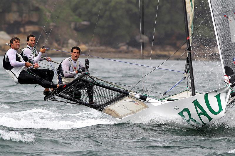 Jack and his 2013 JJ Giltinan team show the concentration and pressure of a tough race photo copyright Frank Quealey taken at Australian 18 Footers League and featuring the 18ft Skiff class