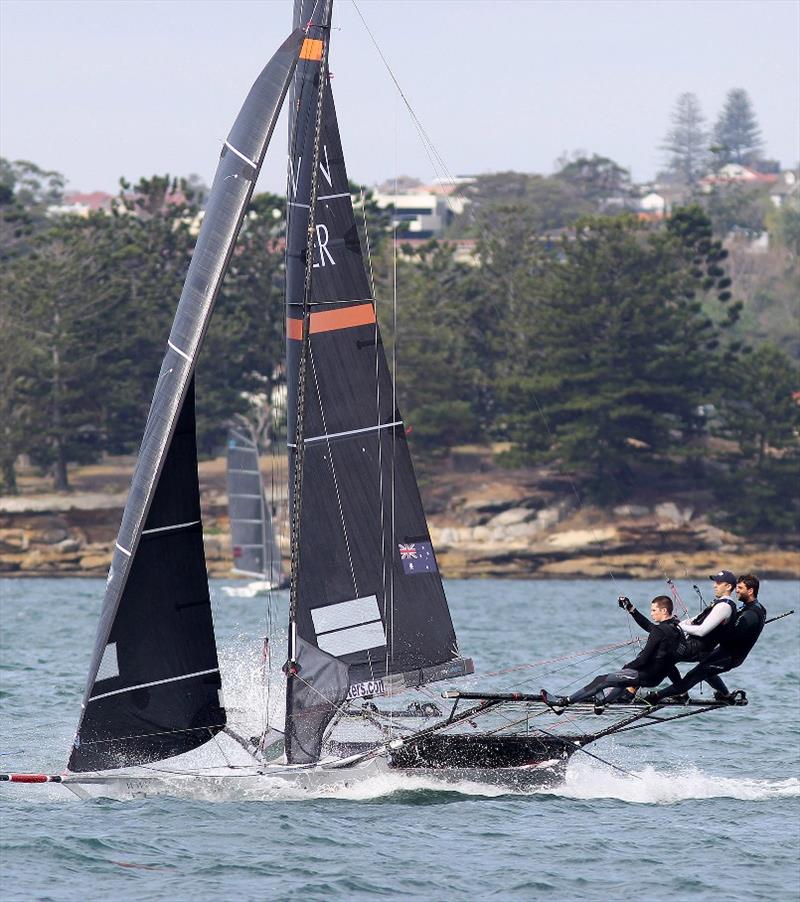 The Kitchen Maker-Caesarstone team drive the skiff to the finish line - 18ft Skiff Spring Championship Race 2 photo copyright Frank Quealey taken at Australian 18 Footers League and featuring the 18ft Skiff class