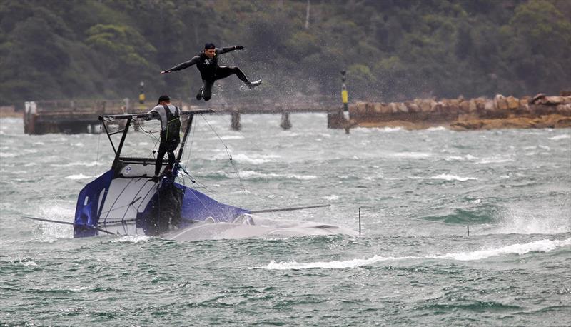 Abandon ship - 18ft Skiff NSW Championship Race 2 photo copyright Frank Quealey taken at Australian 18 Footers League and featuring the 18ft Skiff class