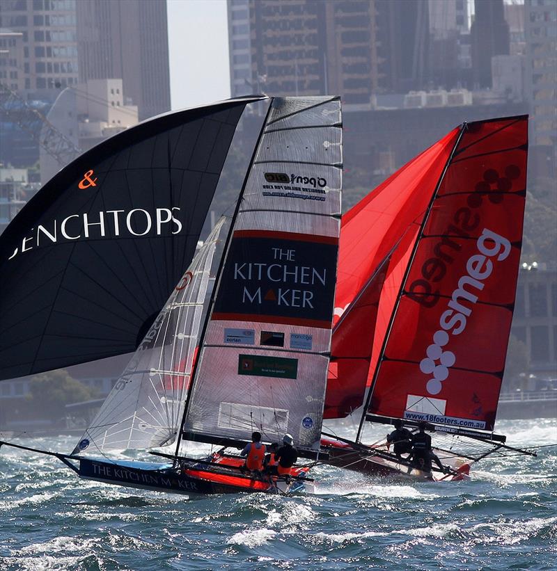 TKM sponsor Darren McKavanagh in the bow in 2012-2013 Season photo copyright Frank Quealey taken at Australian 18 Footers League and featuring the 18ft Skiff class