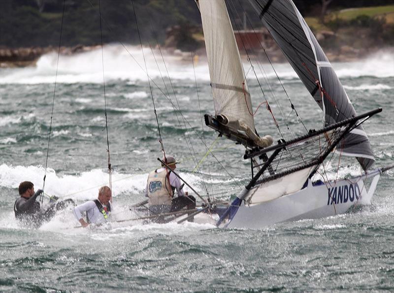 Riding a wild boat in the abandoned Race 2 of the 2020-2021 18ft Skiff NSW Championship photo copyright Frank Quealey taken at Australian 18 Footers League and featuring the 18ft Skiff class