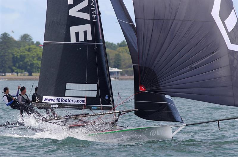 Ilve crew off Shark Island midway through Race 4 of the 2020-2021 18ft Skiff NSW Championship photo copyright Frank Quealey taken at Australian 18 Footers League and featuring the 18ft Skiff class