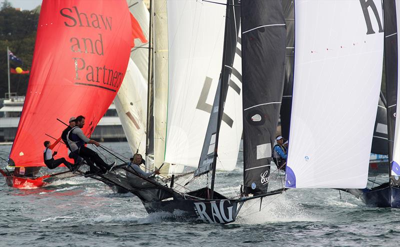 18ft Skiff Supercup: Rag and Famish Hotel accelerates away from the top mark in Race 2 photo copyright Frank Quealey taken at Australian 18 Footers League and featuring the 18ft Skiff class