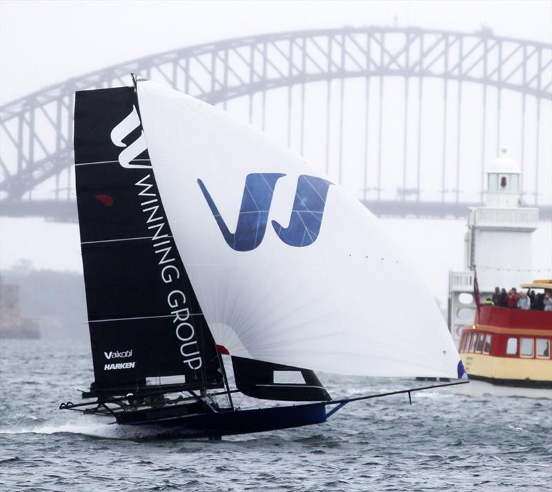Yandoo Winning Group gives a spectator ferry a good view of speed sailing - 2021 JJ Giltinan 18ft Skiff Championship photo copyright Frank Quealey taken at Australian 18 Footers League and featuring the 18ft Skiff class
