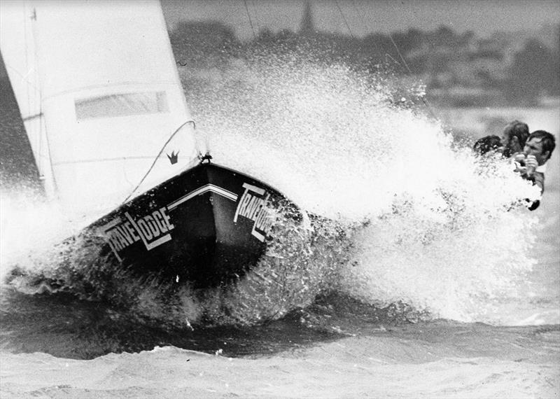 'Woody' drives Travelodge through huge seas at Auckland in 1977  photo copyright 18ft skiff Archive taken at Australian 18 Footers League and featuring the 18ft Skiff class