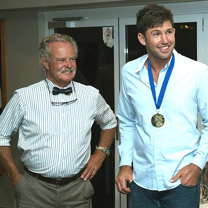 John, as League Club President, congratulates Seve Jarvin on winning the 2013 JJ Giltinan world Championship photo copyright Frank Quealey taken at Australian 18 Footers League and featuring the 18ft Skiff class