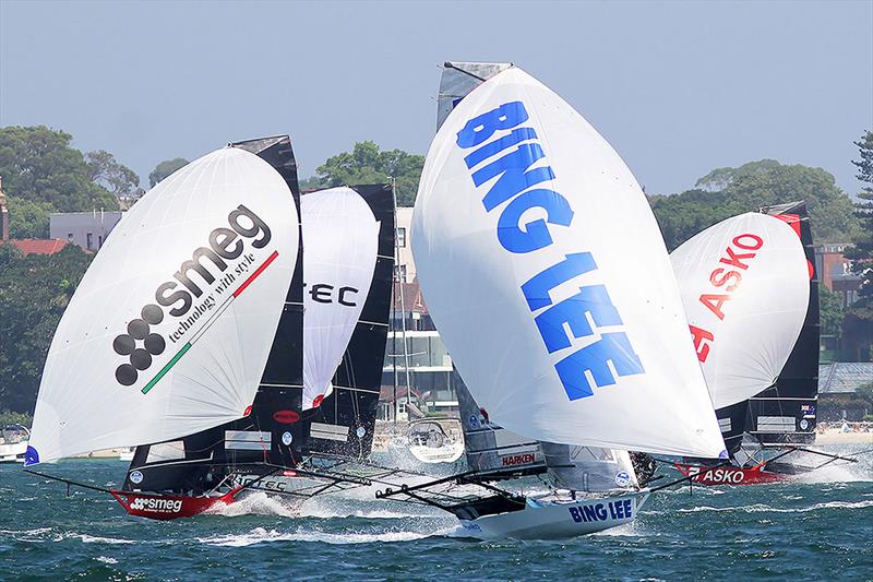 Bing Lee leads the fleet during the 2019-2020 Australian 18ft Skiff Championship photo copyright Frank Quealey taken at Australian 18 Footers League and featuring the 18ft Skiff class