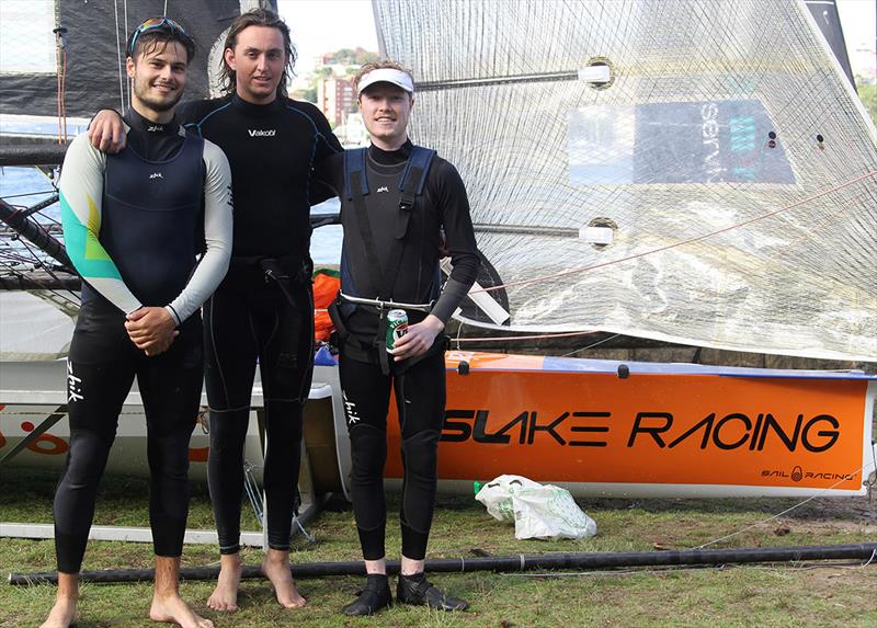 Winning team, from left, Max Paul, Flynn Twomey, Henry Larkings - 18ft Skiffs: Spring Championship photo copyright Frank Quealey taken at Australian 18 Footers League and featuring the 18ft Skiff class