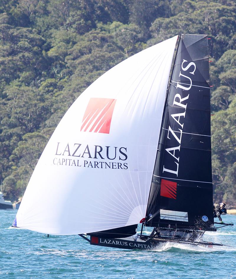 18ft Skiff Club Championship Race 1: Lazarus Capital Partners on the second spinnaker run to Robertson Point photo copyright Frank Quealey taken at Australian 18 Footers League and featuring the 18ft Skiff class
