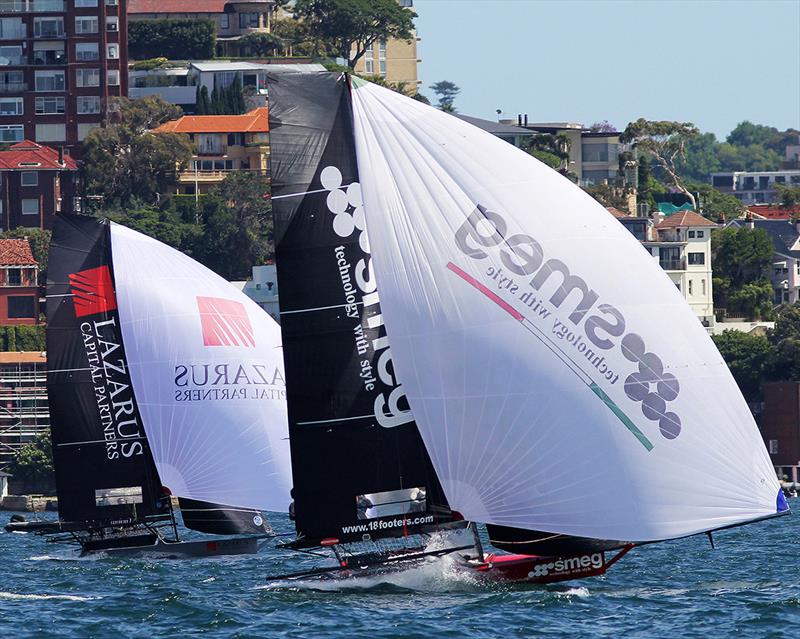 Team Lazarus and the world champion Smeg team in last year's action photo copyright Frank Quealey taken at Australian 18 Footers League and featuring the 18ft Skiff class