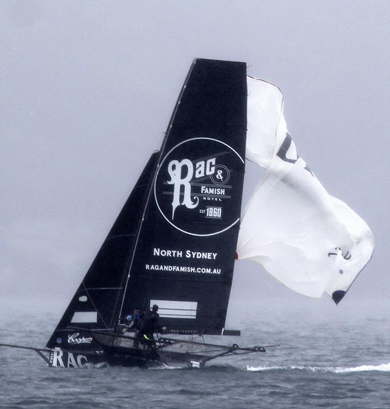 18ft Skiff NSW Championship Race 1: The moment a promising race ended for the talented new Rag & Famish Hotel team photo copyright Frank Quealey taken at Australian 18 Footers League and featuring the 18ft Skiff class