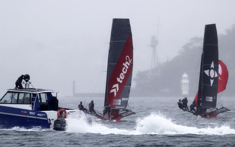 18ft Skiff NSW Championship Race 1: The two leaders set their spinnakers for the run to Athol Bay photo copyright Frank Quealey taken at Australian 18 Footers League and featuring the 18ft Skiff class