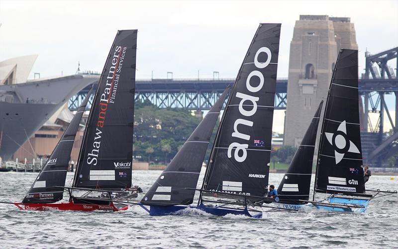 Heading across the harbour to the top mark - 18ft Skiffs Supercup - December 2021 photo copyright Frank Quealey taken at Australian 18 Footers League and featuring the 18ft Skiff class