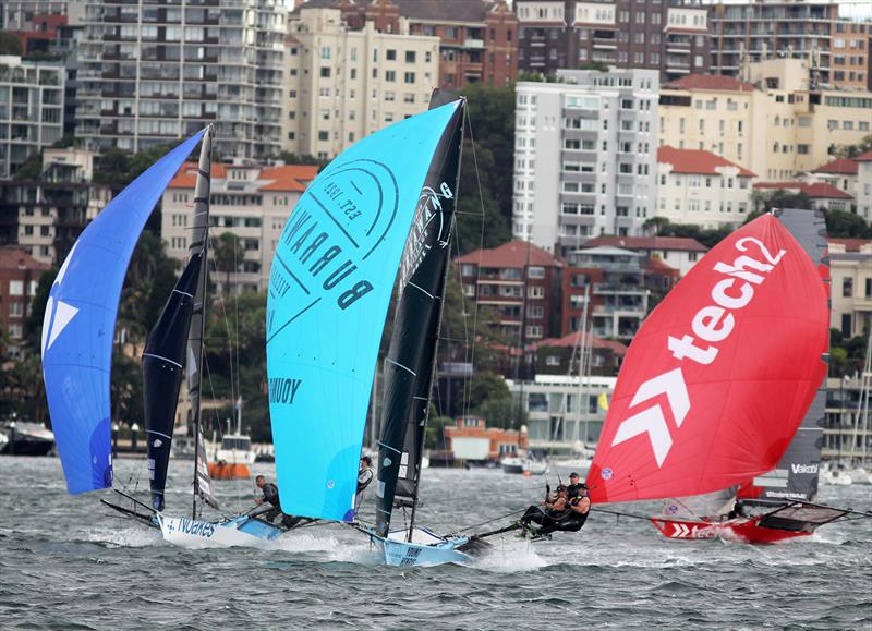 First downwind leg in Race 1 - 18ft Skiffs Supercup - December 2021 - photo © Frank Quealey