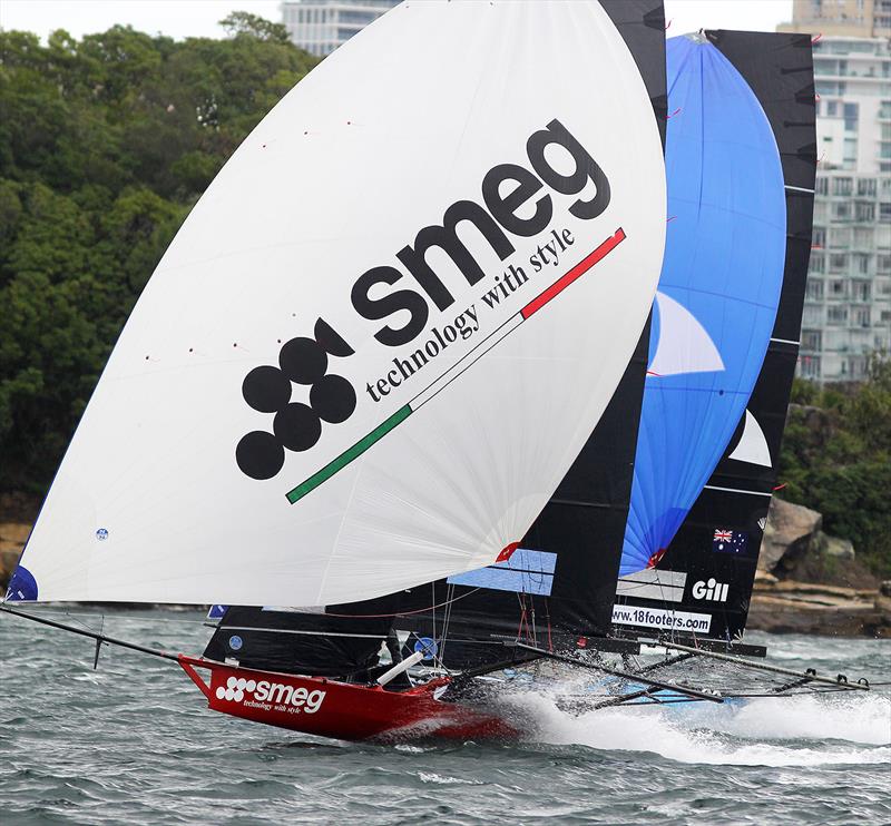 Trevor Barnabas and David Witt drive their skiffs hard to the finish line with just 1s separating the pair- 18ft Skiffs Supercup - December 2021 photo copyright Frank Quealey taken at Australian 18 Footers League and featuring the 18ft Skiff class