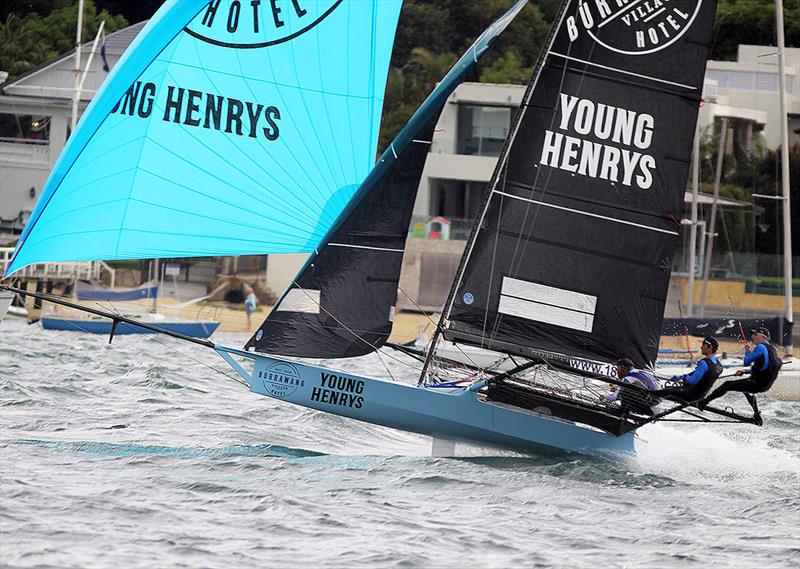 Burrawang-Young Henrys, one of only a few teams to survive the squall with a capsize photo copyright Frank Quealey taken at Australian 18 Footers League and featuring the 18ft Skiff class