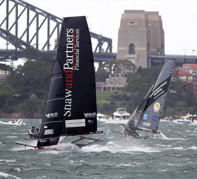 Shaw and Partners Financial Services powers past a struggling competitor photo copyright Frank Quealey taken at Australian 18 Footers League and featuring the 18ft Skiff class