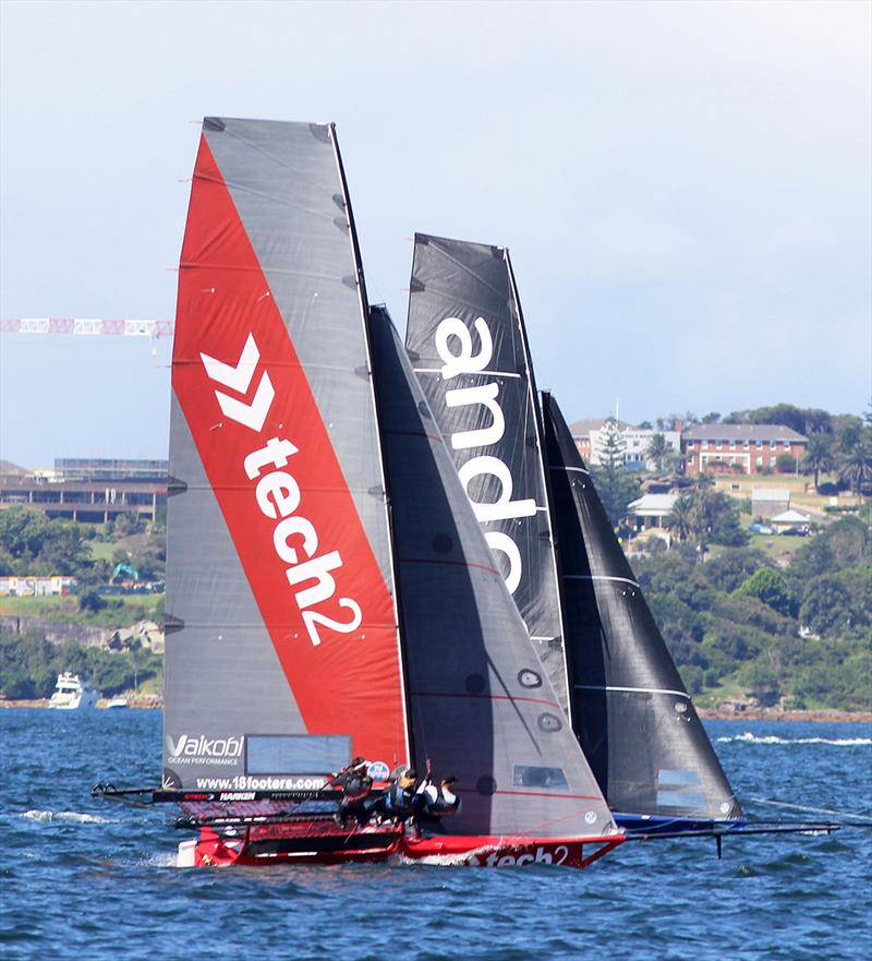 Tech2 puts a final cover on Andoo as they approach the finish - 18ft Skiff NSW Championship on Sydney Harbour - Race 7 photo copyright Frank Quealey taken at Australian 18 Footers League and featuring the 18ft Skiff class