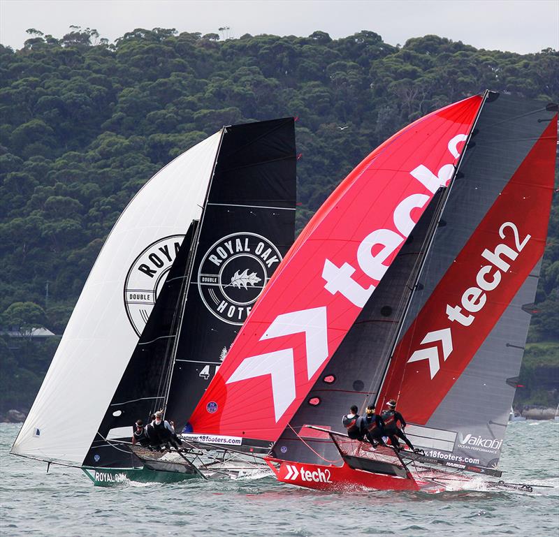 Tech2 and The Oak Double Bay-4 Pines on the first spinnaker run - 18ft Skiff NSW Championship on Sydney Harbour - Race 7 - photo © Frank Quealey
