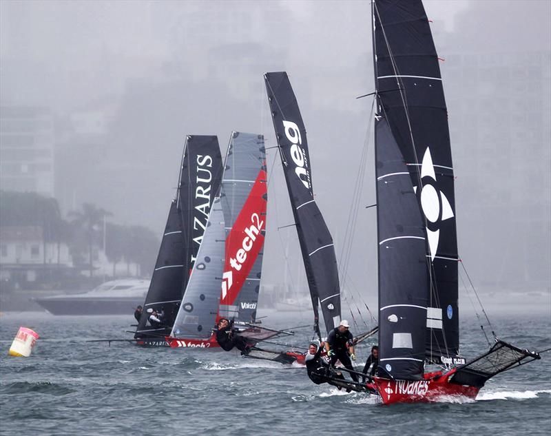 Race leaders at Clark Island on lap two of the first race in the 18ft Skiff NSW Championship photo copyright Frank Quealey taken at Australian 18 Footers League and featuring the 18ft Skiff class