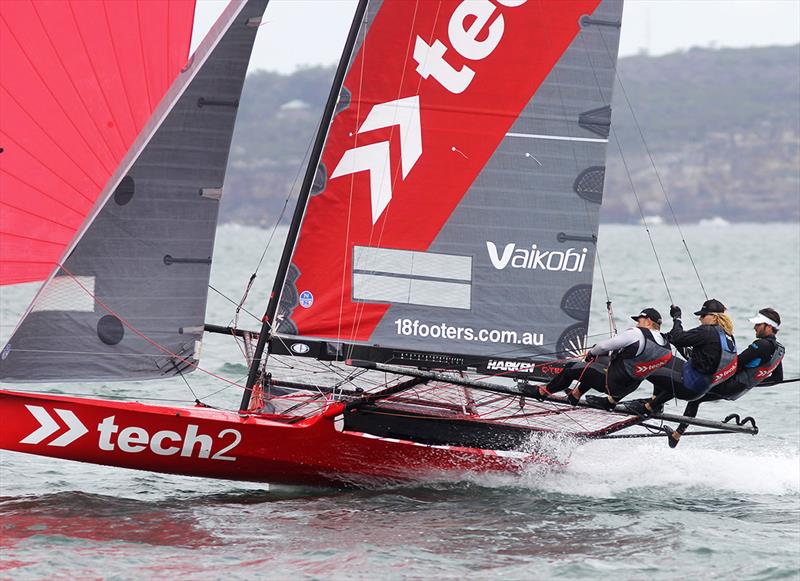 Tech2 team straining to get every ounch of speed 9in Race 3 - 18ft Skiff NSW Championship photo copyright Frank Quealey taken at Australian 18 Footers League and featuring the 18ft Skiff class