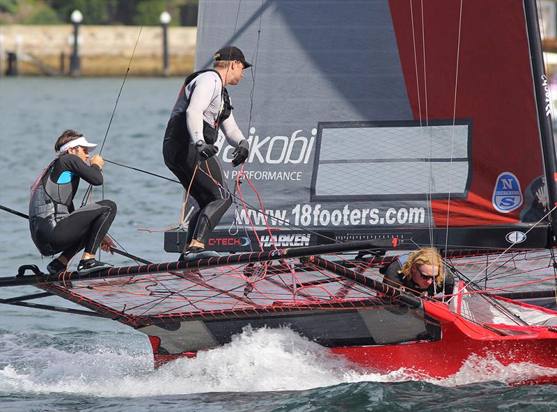 Crew of Tech2 prepare for the final gybe to take Race 8 and the 18ft Skiff NSW Championship photo copyright Frank Quealey taken at Australian 18 Footers League and featuring the 18ft Skiff class