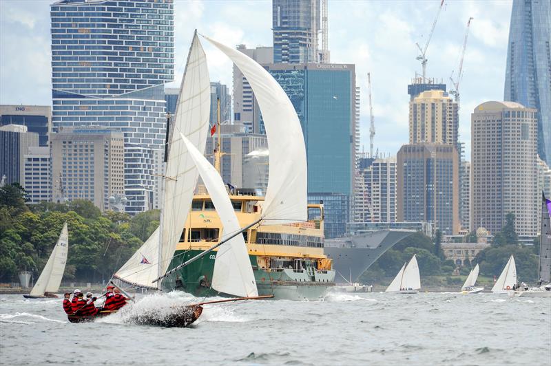Yendys hard reaching down first run during race 2 of the 2022 Historical 18 Footer Australian Championship photo copyright Bruce Kerridge taken at Sydney Flying Squadron and featuring the 18ft Skiff class