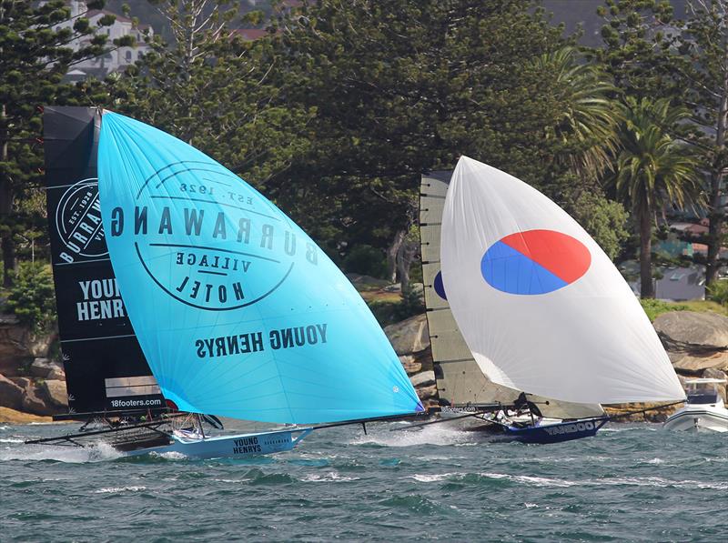 Burrawang-Young Henrys and Yandoo off Shark Island during race 3 of the 100th 18ft Skiff Australian Championship photo copyright Frank Quealey taken at Australian 18 Footers League and featuring the 18ft Skiff class