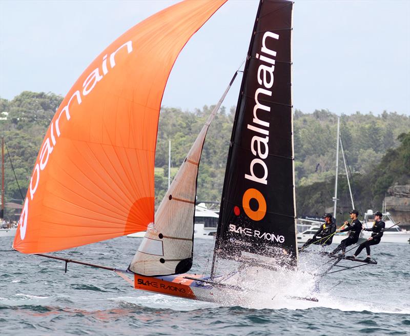 Balmain Slake before gear damage forced the team to retire on day 2 of the 100th 18ft Skiff Australian Championship - photo © Frank Quealey